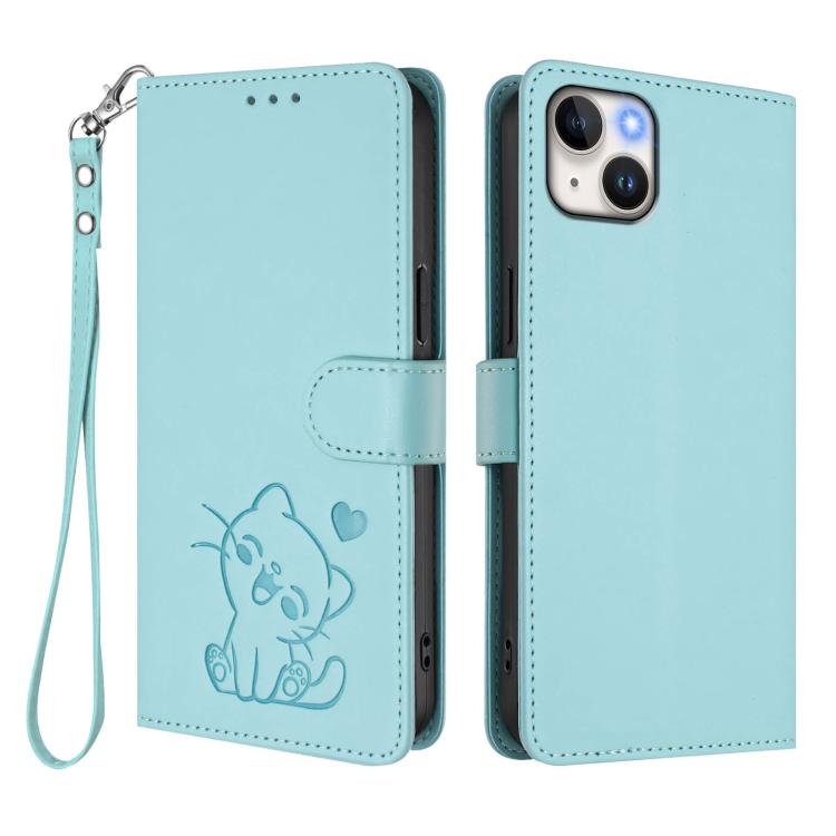 For iPhone 15 Plus Embossed Heart Cat Leather Phone Case with Hand Strap