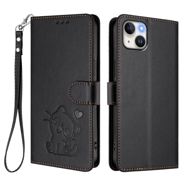 For iPhone 15 Plus Embossed Heart Cat Leather Phone Case with Hand Strap