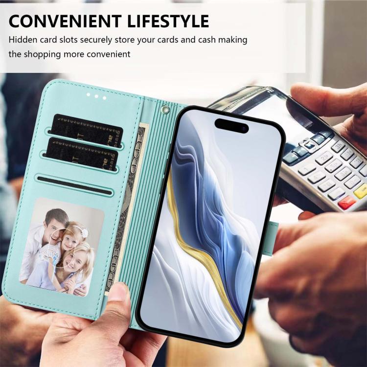 For iPhone 15 Embossed Heart Cat Leather Phone Case with Hand Strap