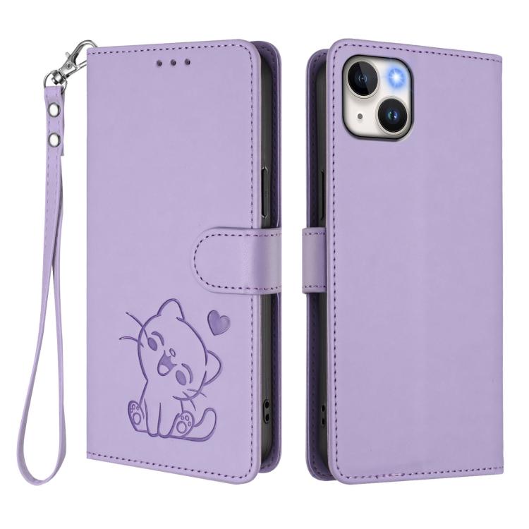 For iPhone 14 Plus Embossed Heart Cat Leather Phone Case with Hand Strap