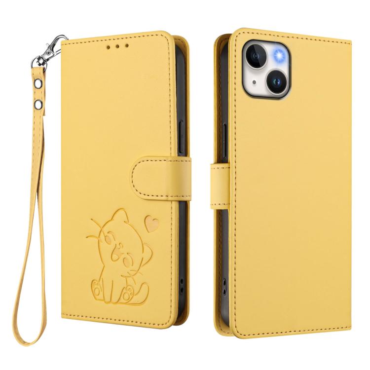 For iPhone 14 Plus Embossed Heart Cat Leather Phone Case with Hand Strap