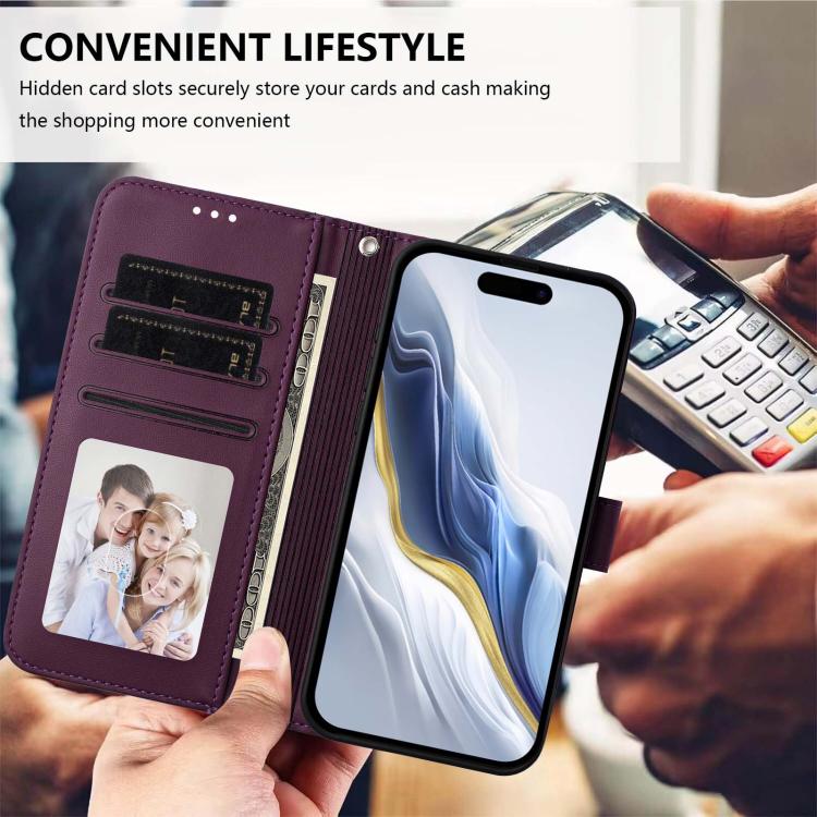 For iPhone 14 Plus Embossed Heart Cat Leather Phone Case with Hand Strap
