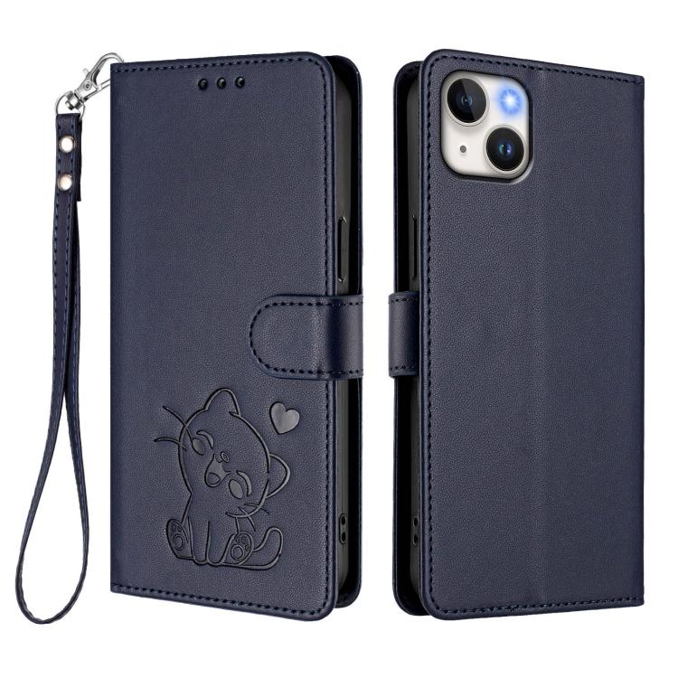 For iPhone 14 Plus Embossed Heart Cat Leather Phone Case with Hand Strap