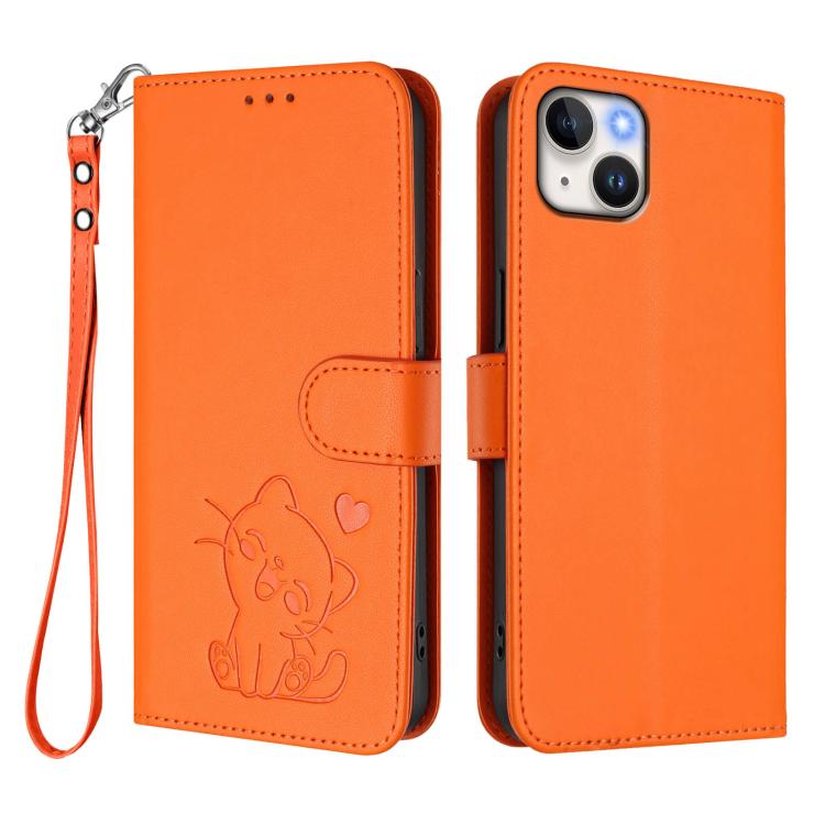 For iPhone 14 / 13 Embossed Heart Cat Leather Phone Case with Hand Strap