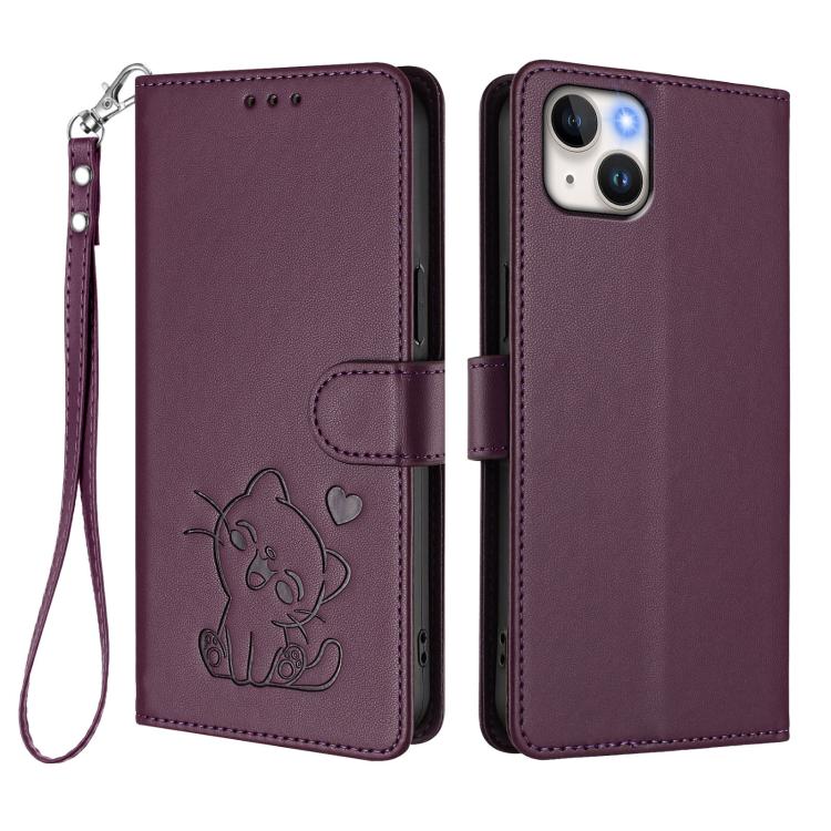For iPhone 14 / 13 Embossed Heart Cat Leather Phone Case with Hand Strap