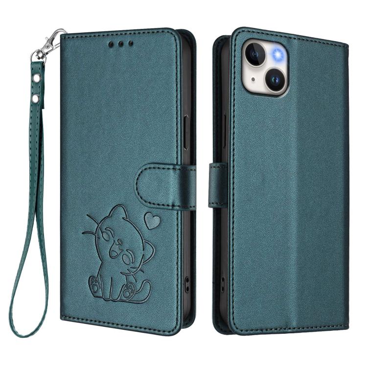 For iPhone 14 / 13 Embossed Heart Cat Leather Phone Case with Hand Strap