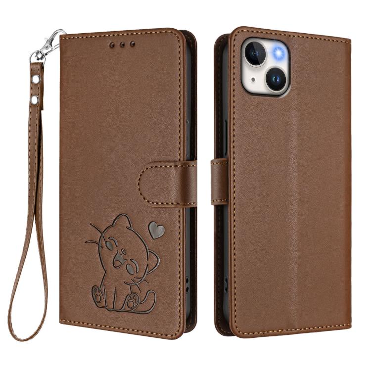 For iPhone 14 / 13 Embossed Heart Cat Leather Phone Case with Hand Strap