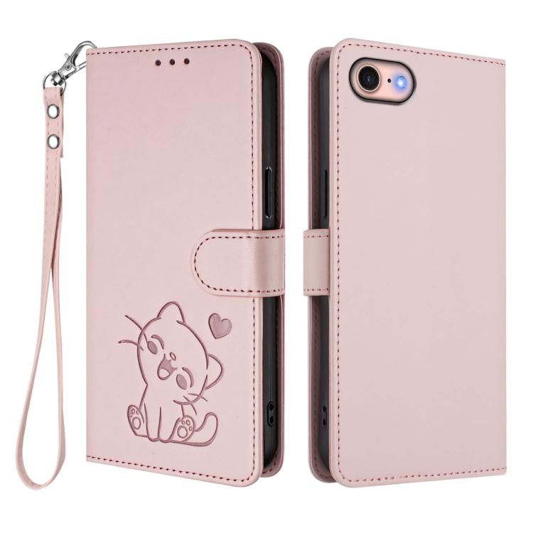 For iPhone 7 / 8 / SE 2022 Embossed Heart Cat Leather Phone Case with Hand Strap