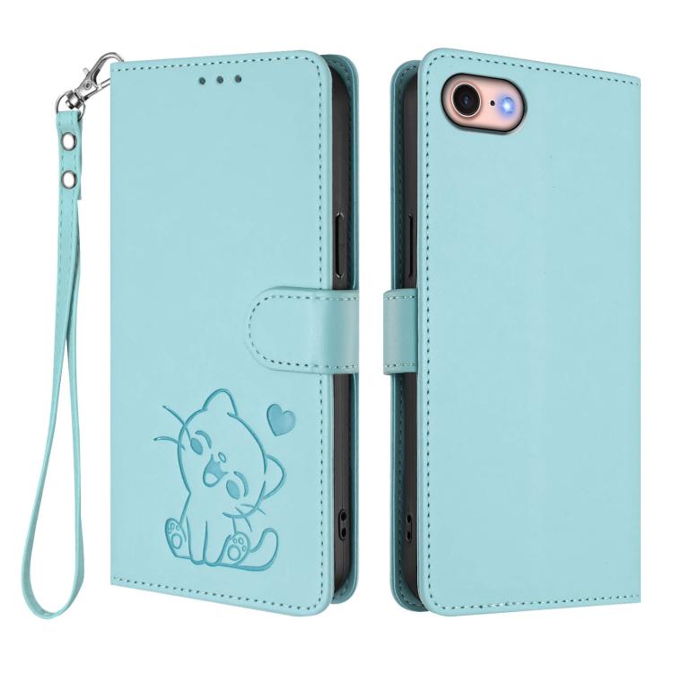 For iPhone 7 / 8 / SE 2022 Embossed Heart Cat Leather Phone Case with Hand Strap