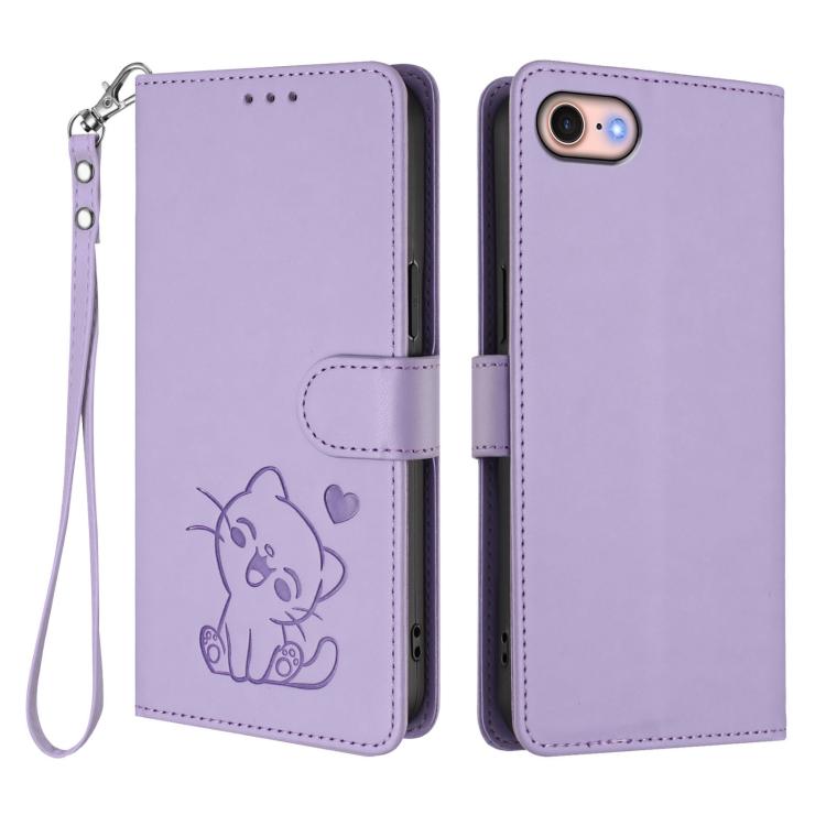 For iPhone 7 / 8 / SE 2022 Embossed Heart Cat Leather Phone Case with Hand Strap