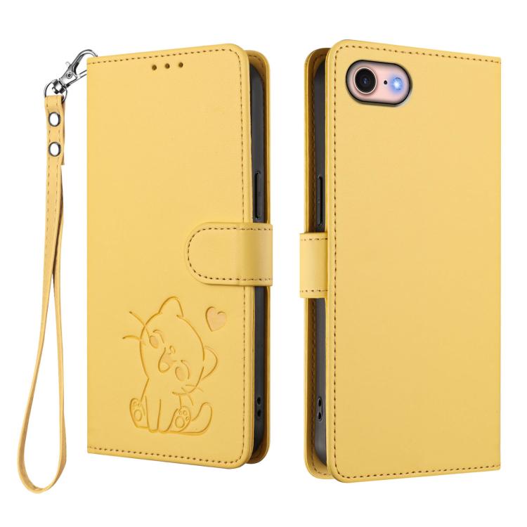 For iPhone 7 / 8 / SE 2022 Embossed Heart Cat Leather Phone Case with Hand Strap