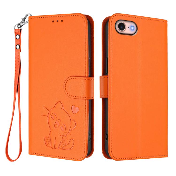 For iPhone 7 / 8 / SE 2022 Embossed Heart Cat Leather Phone Case with Hand Strap