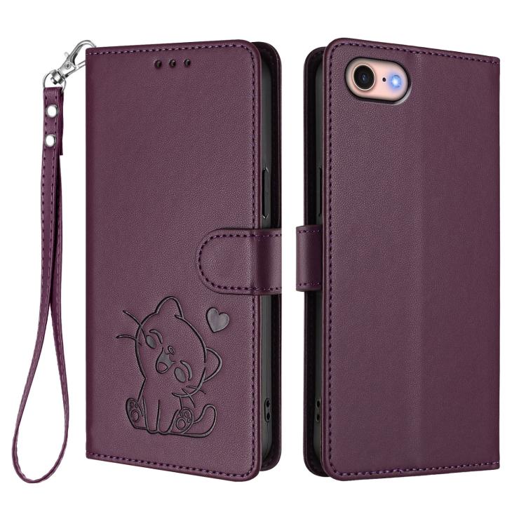 For iPhone 7 / 8 / SE 2022 Embossed Heart Cat Leather Phone Case with Hand Strap