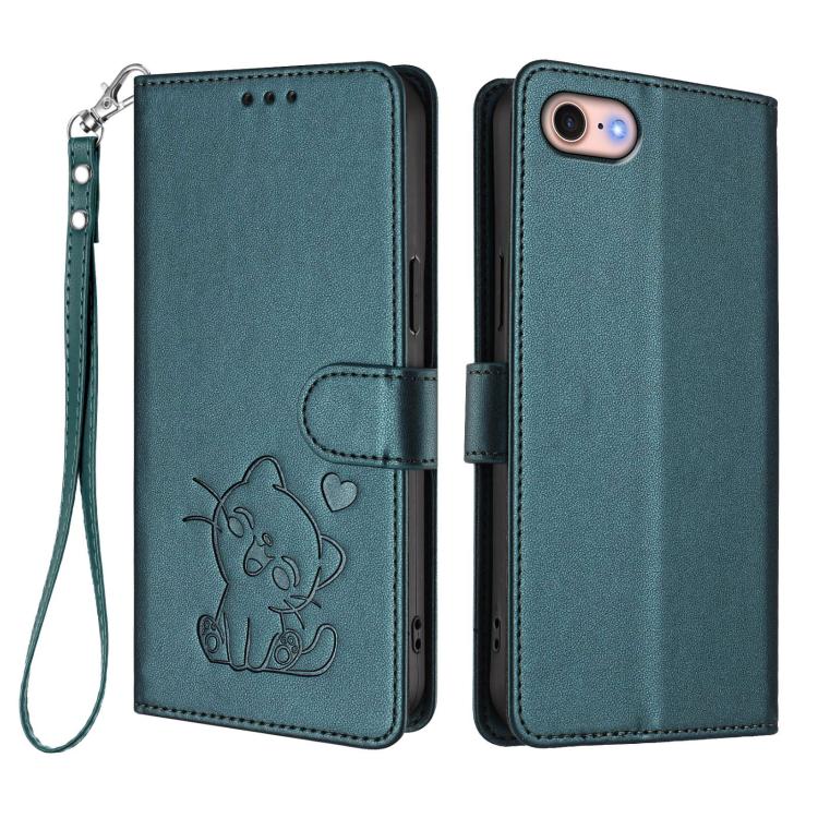 For iPhone 7 / 8 / SE 2022 Embossed Heart Cat Leather Phone Case with Hand Strap