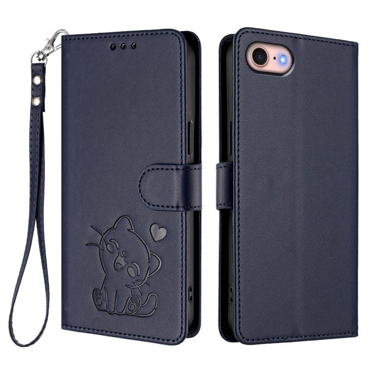 For iPhone 7 / 8 / SE 2022 Embossed Heart Cat Leather Phone Case with Hand Strap