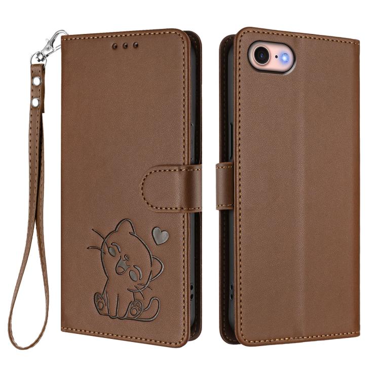 For iPhone 7 / 8 / SE 2022 Embossed Heart Cat Leather Phone Case with Hand Strap