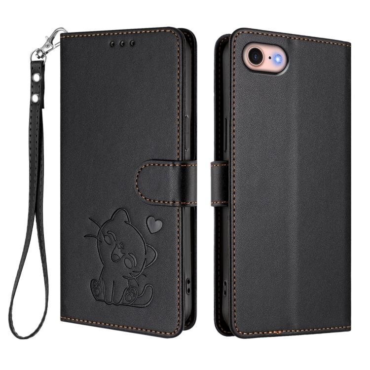 For iPhone 7 / 8 / SE 2022 Embossed Heart Cat Leather Phone Case with Hand Strap