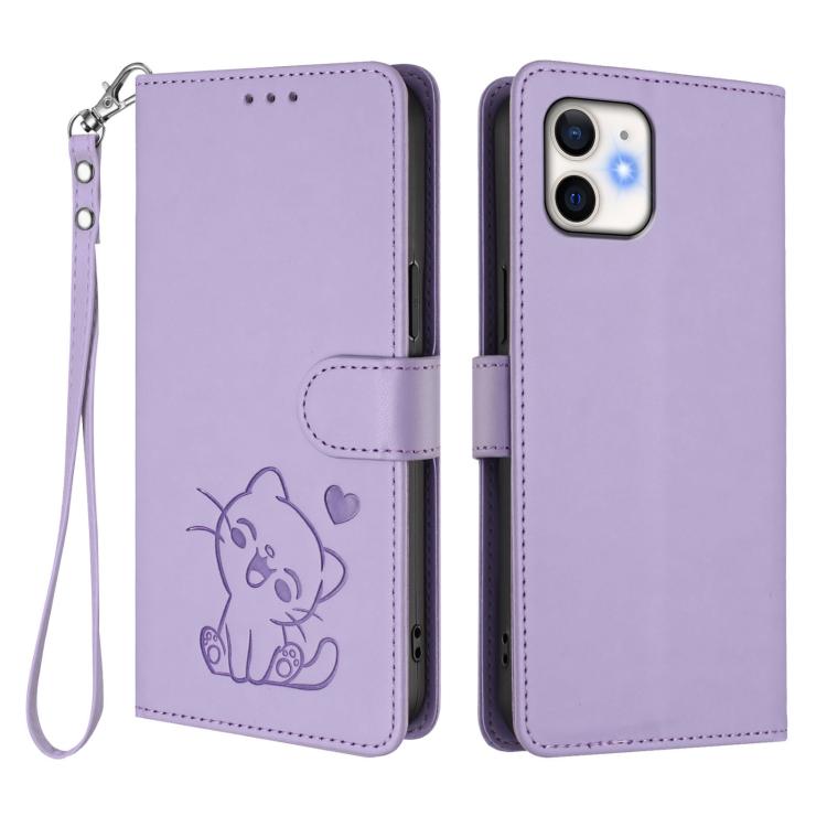 For iPhone 12 / 12 Pro Embossed Heart Cat Leather Phone Case with Hand Strap