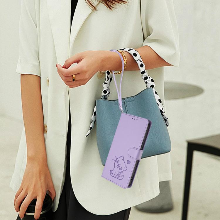 For iPhone 12 / 12 Pro Embossed Heart Cat Leather Phone Case with Hand Strap