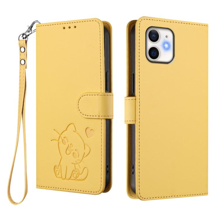 For iPhone 12 / 12 Pro Embossed Heart Cat Leather Phone Case with Hand Strap
