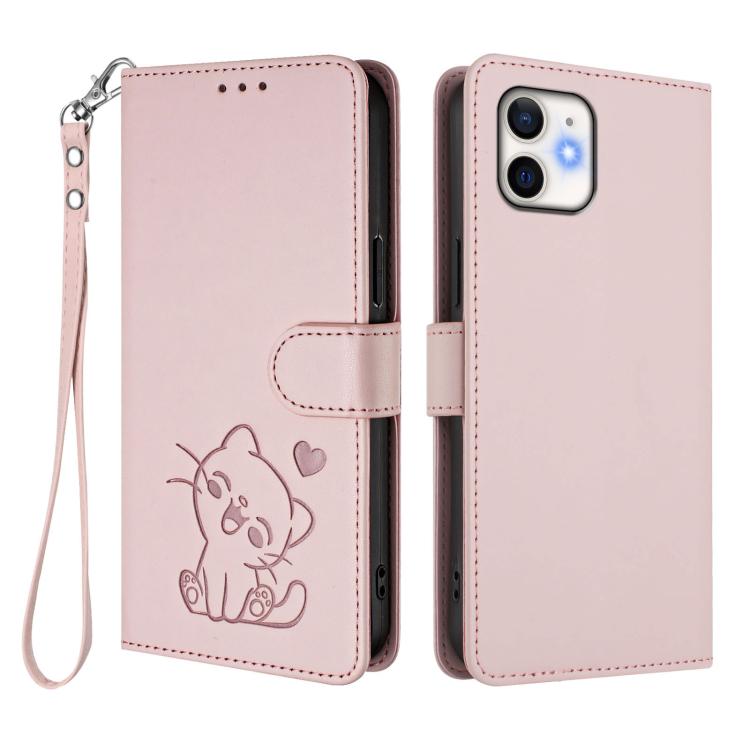 For iPhone 12 mini Embossed Heart Cat Leather Phone Case with Hand Strap