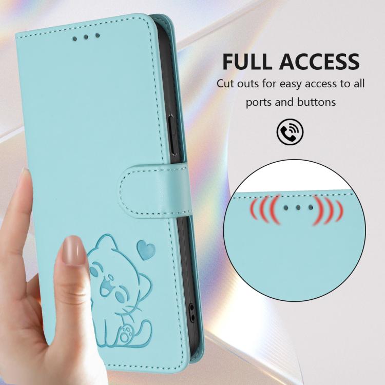 For iPhone 12 mini Embossed Heart Cat Leather Phone Case with Hand Strap