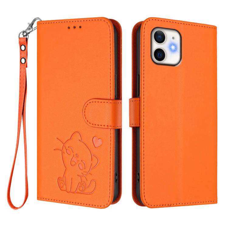 For iPhone 12 mini Embossed Heart Cat Leather Phone Case with Hand Strap