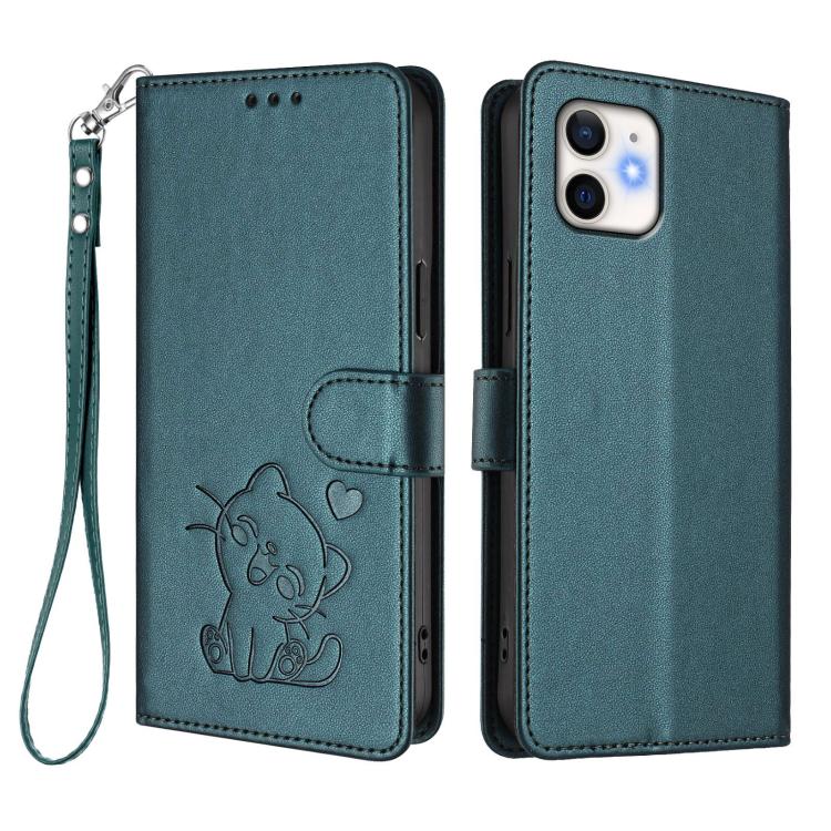 For iPhone 12 mini Embossed Heart Cat Leather Phone Case with Hand Strap