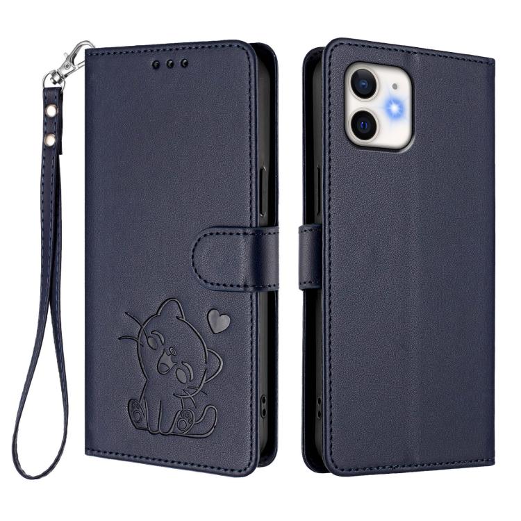For iPhone 12 mini Embossed Heart Cat Leather Phone Case with Hand Strap