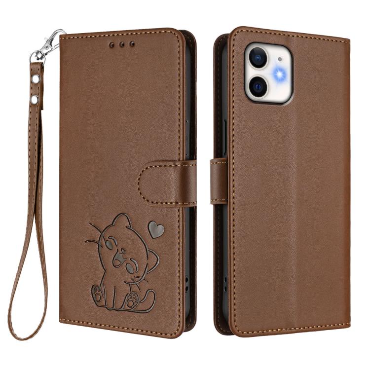 For iPhone 12 mini Embossed Heart Cat Leather Phone Case with Hand Strap