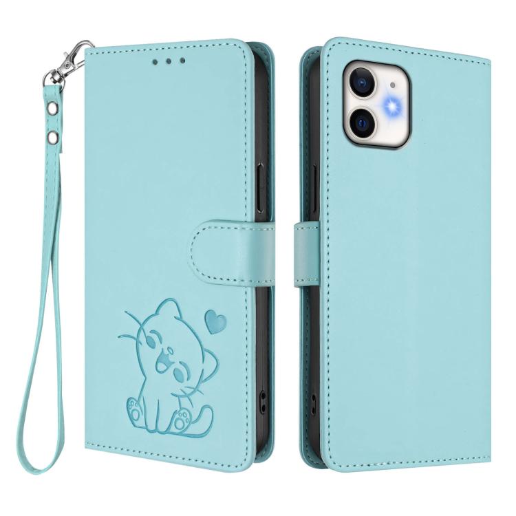 For iPhone 11 Embossed Heart Cat Leather Phone Case with Hand Strap