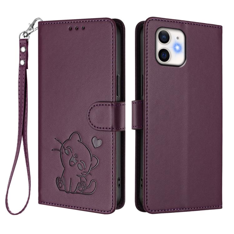 For iPhone 11 Embossed Heart Cat Leather Phone Case with Hand Strap