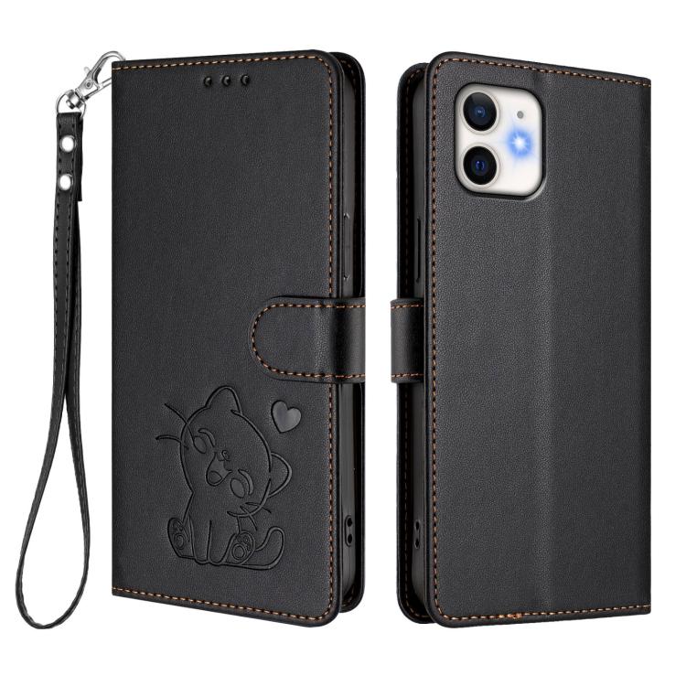 For iPhone 11 Embossed Heart Cat Leather Phone Case with Hand Strap