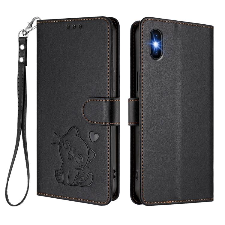 For iPhone X / XS Embossed Heart Cat Leather Phone Case with Hand Strap