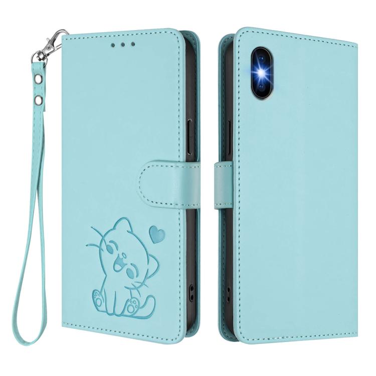 For iPhone XS Max Embossed Heart Cat Leather Phone Case with Hand Strap
