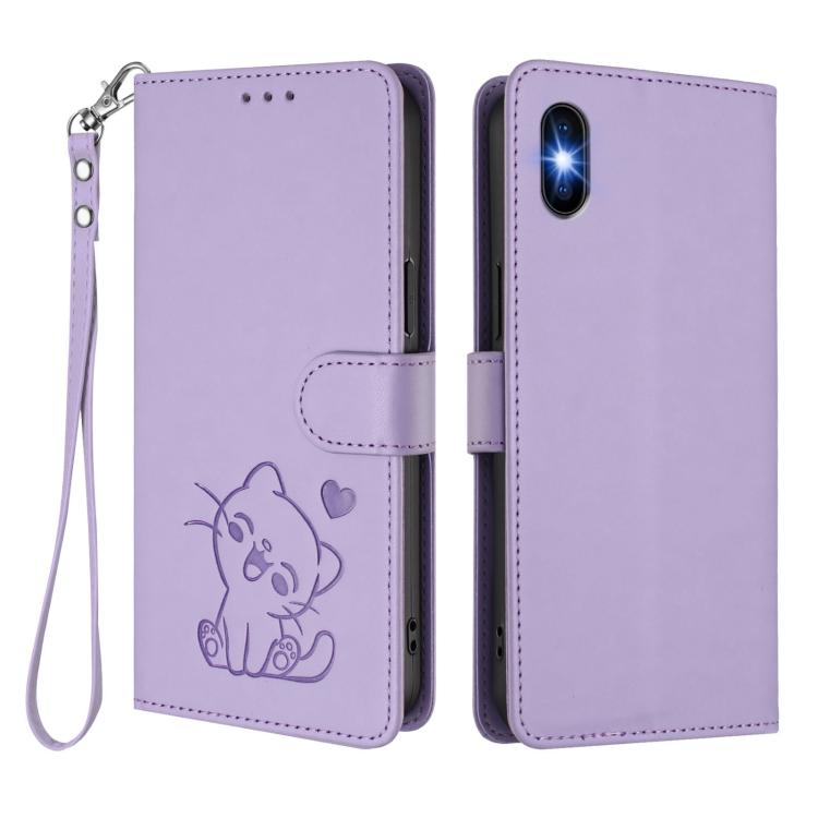 For iPhone XS Max Embossed Heart Cat Leather Phone Case with Hand Strap