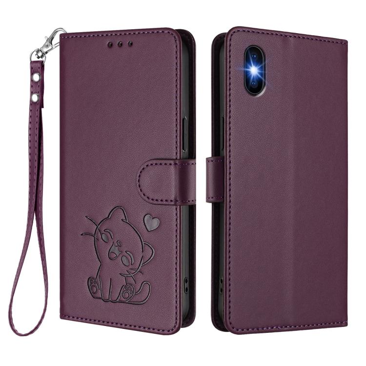 For iPhone XS Max Embossed Heart Cat Leather Phone Case with Hand Strap