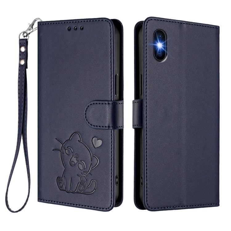For iPhone XS Max Embossed Heart Cat Leather Phone Case with Hand Strap