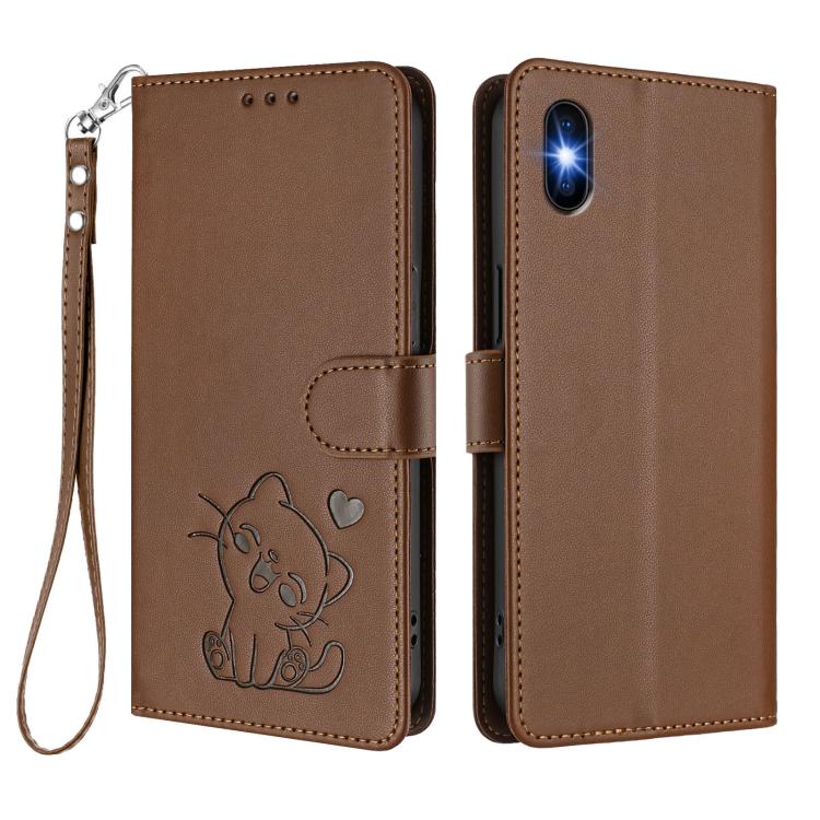 For iPhone XS Max Embossed Heart Cat Leather Phone Case with Hand Strap