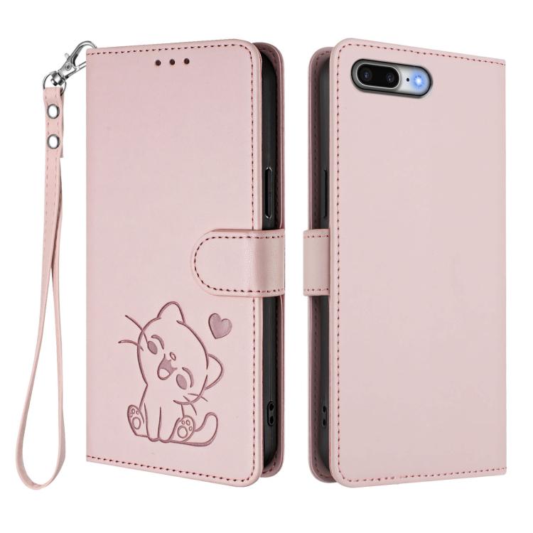 For iPhone 7 Plus / 8 Plus Embossed Heart Cat Leather Phone Case with Hand Strap