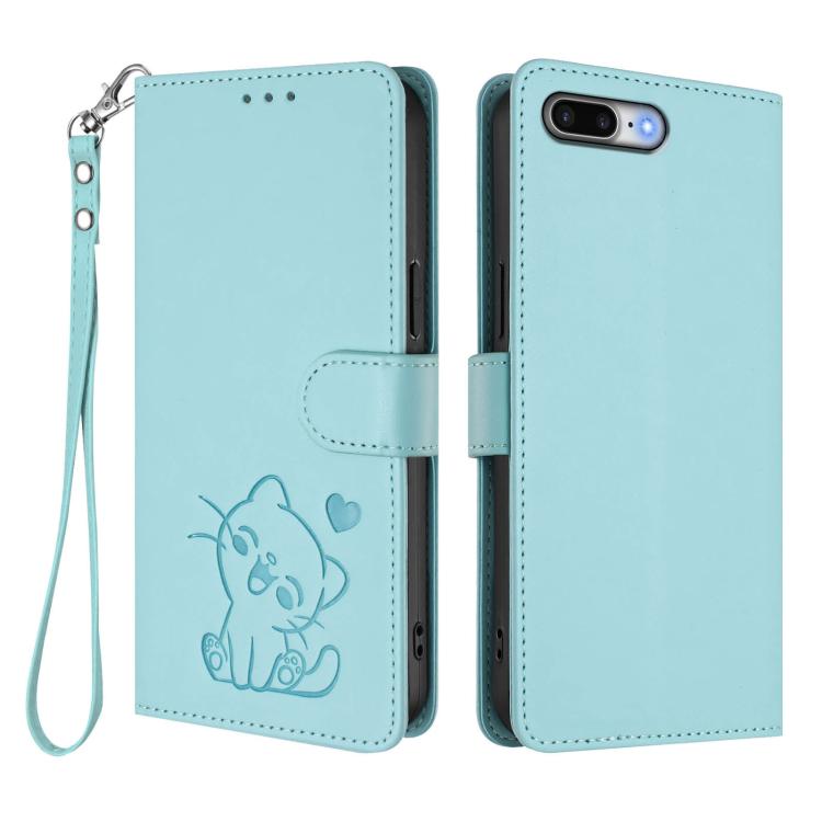For iPhone 7 Plus / 8 Plus Embossed Heart Cat Leather Phone Case with Hand Strap