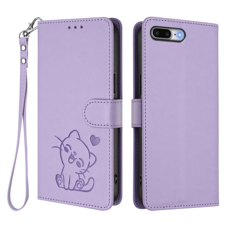 For iPhone 7 Plus / 8 Plus Embossed Heart Cat Leather Phone Case with Hand Strap