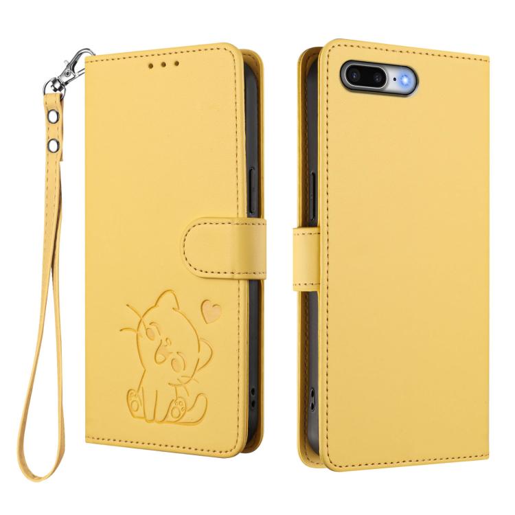 For iPhone 7 Plus / 8 Plus Embossed Heart Cat Leather Phone Case with Hand Strap