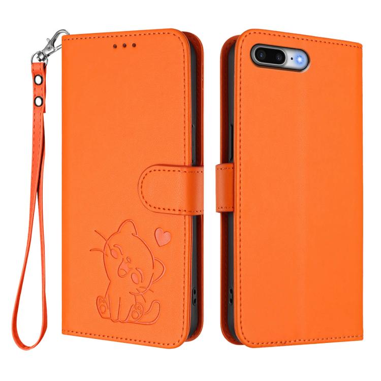 For iPhone 7 Plus / 8 Plus Embossed Heart Cat Leather Phone Case with Hand Strap