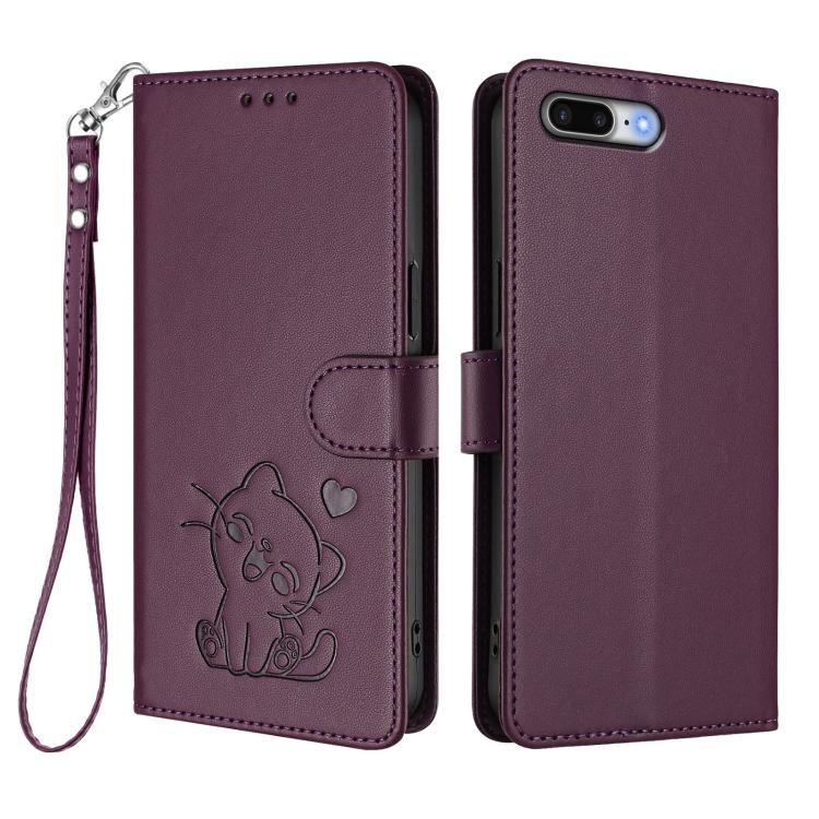 For iPhone 7 Plus / 8 Plus Embossed Heart Cat Leather Phone Case with Hand Strap