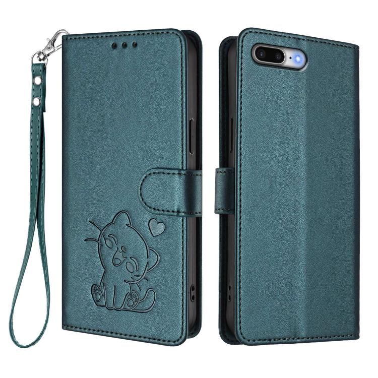 For iPhone 7 Plus / 8 Plus Embossed Heart Cat Leather Phone Case with Hand Strap