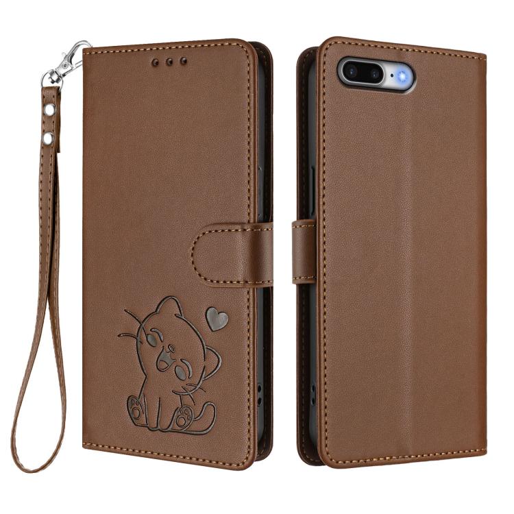 For iPhone 7 Plus / 8 Plus Embossed Heart Cat Leather Phone Case with Hand Strap