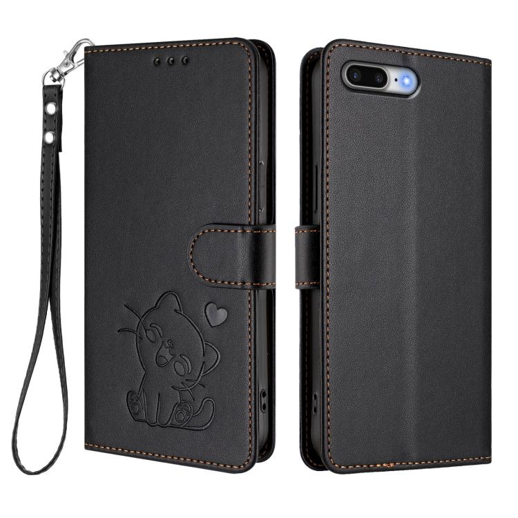 For iPhone 7 Plus / 8 Plus Embossed Heart Cat Leather Phone Case with Hand Strap