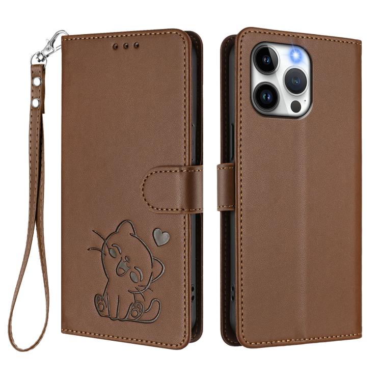 For iPhone 14 Pro Embossed Heart Cat Leather Phone Case with Hand Strap