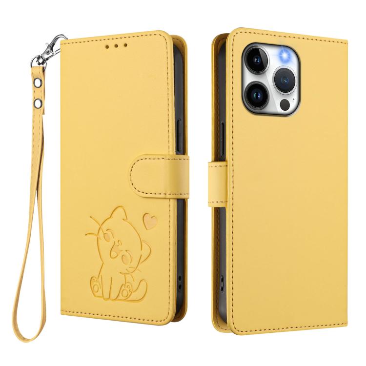 For iPhone 14 Pro Max Embossed Heart Cat Leather Phone Case with Hand Strap